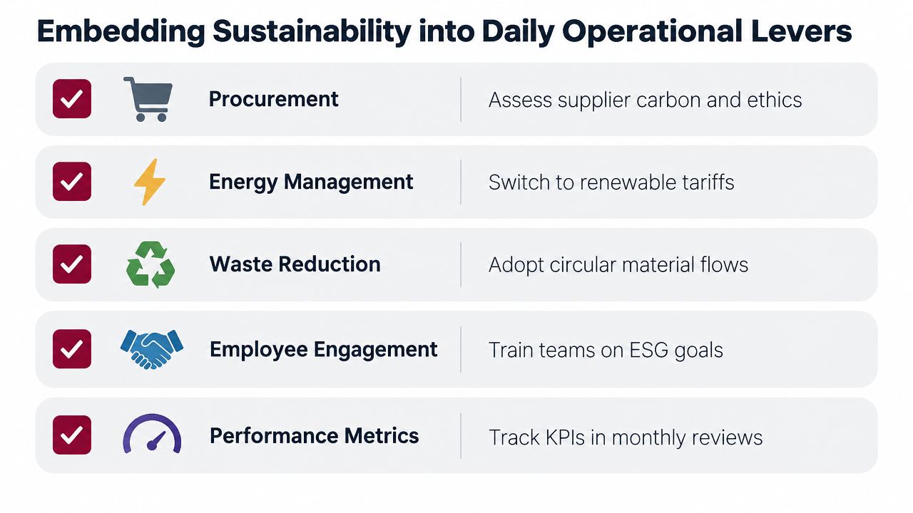 A graphic listing five operational levers for embedding sustainability into business practices, such as procurement and energy management.