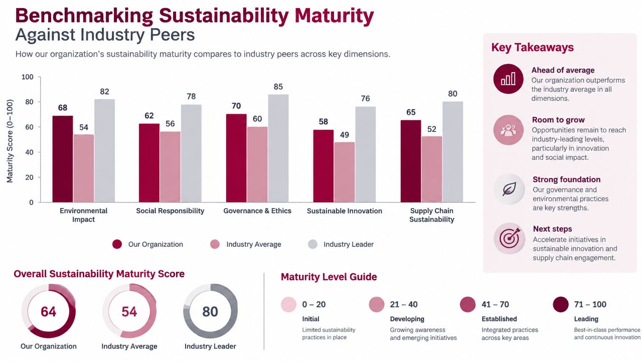 A bar chart benchmarking an organization's sustainability maturity scores against industry averages and leaders across five categories.