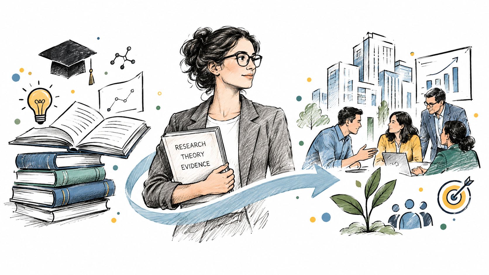 A professional woman holding a book titled Research Theory Evidence, symbolizing the connection between academic study and corporate leadership.
