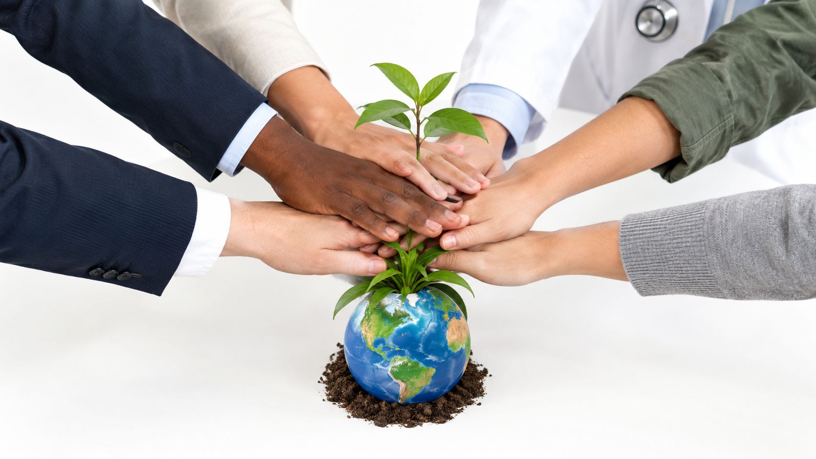 A diverse group of professionals working together to protect the planet represented by a globe and plant.