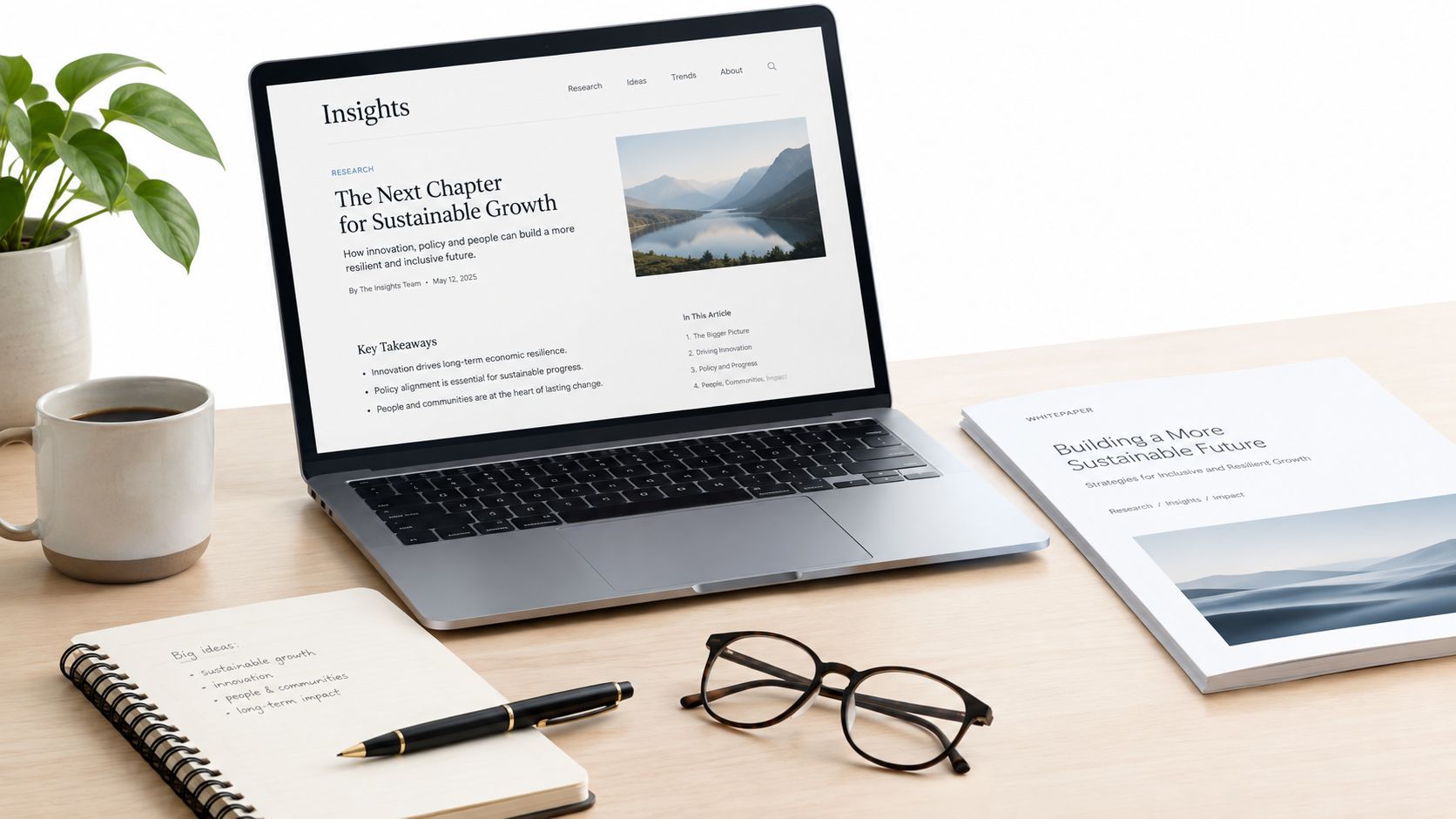 A clean, modern workspace featuring a laptop displaying a sustainable growth research article and related business documents.