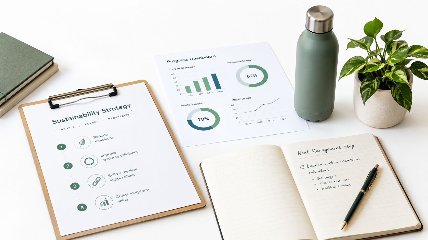A professional desk workspace featuring sustainability strategy charts, a notebook, a plant, and a reusable water bottle.