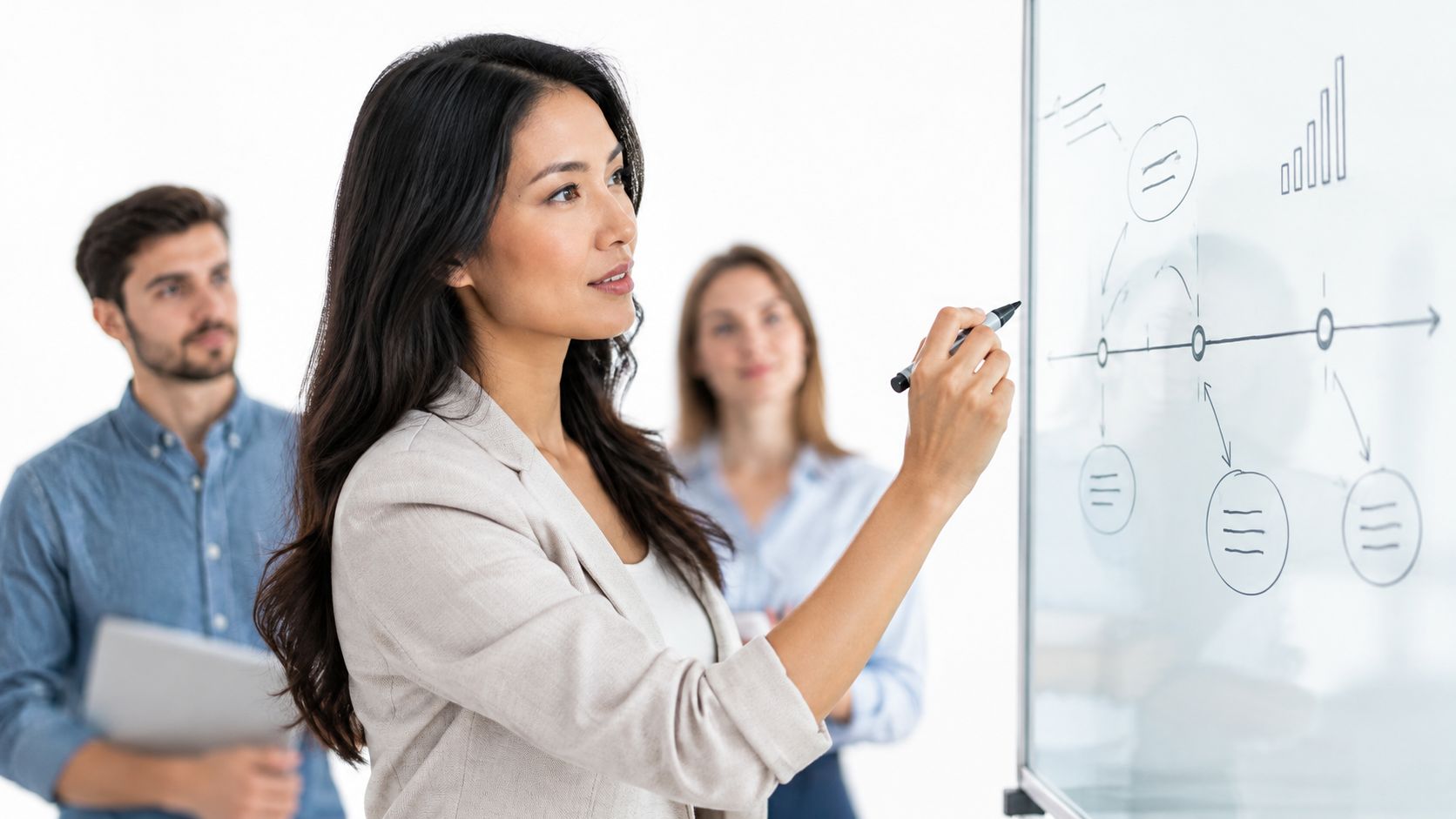 A professional woman draws a business process flow chart on a whiteboard during a team meeting.