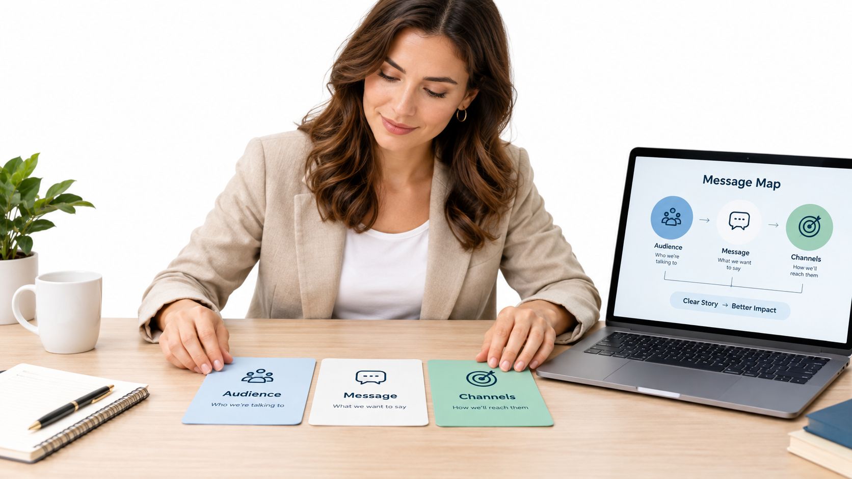 A professional woman organizing cards representing audience, message, and channels on her desk next to a laptop.