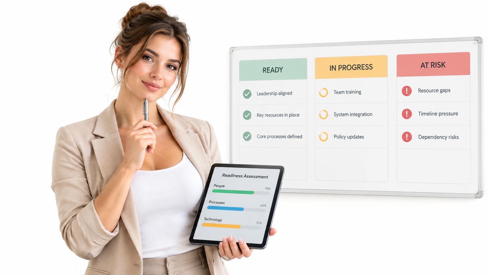A professional woman holding a tablet with a readiness assessment chart in front of a status board.