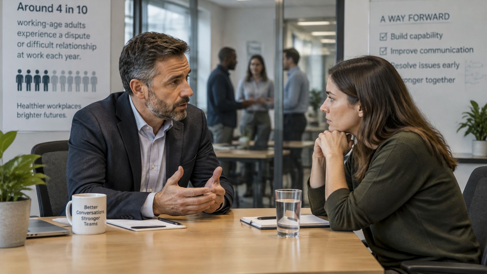 A professional man and woman having a serious discussion at a wooden desk in an office.
