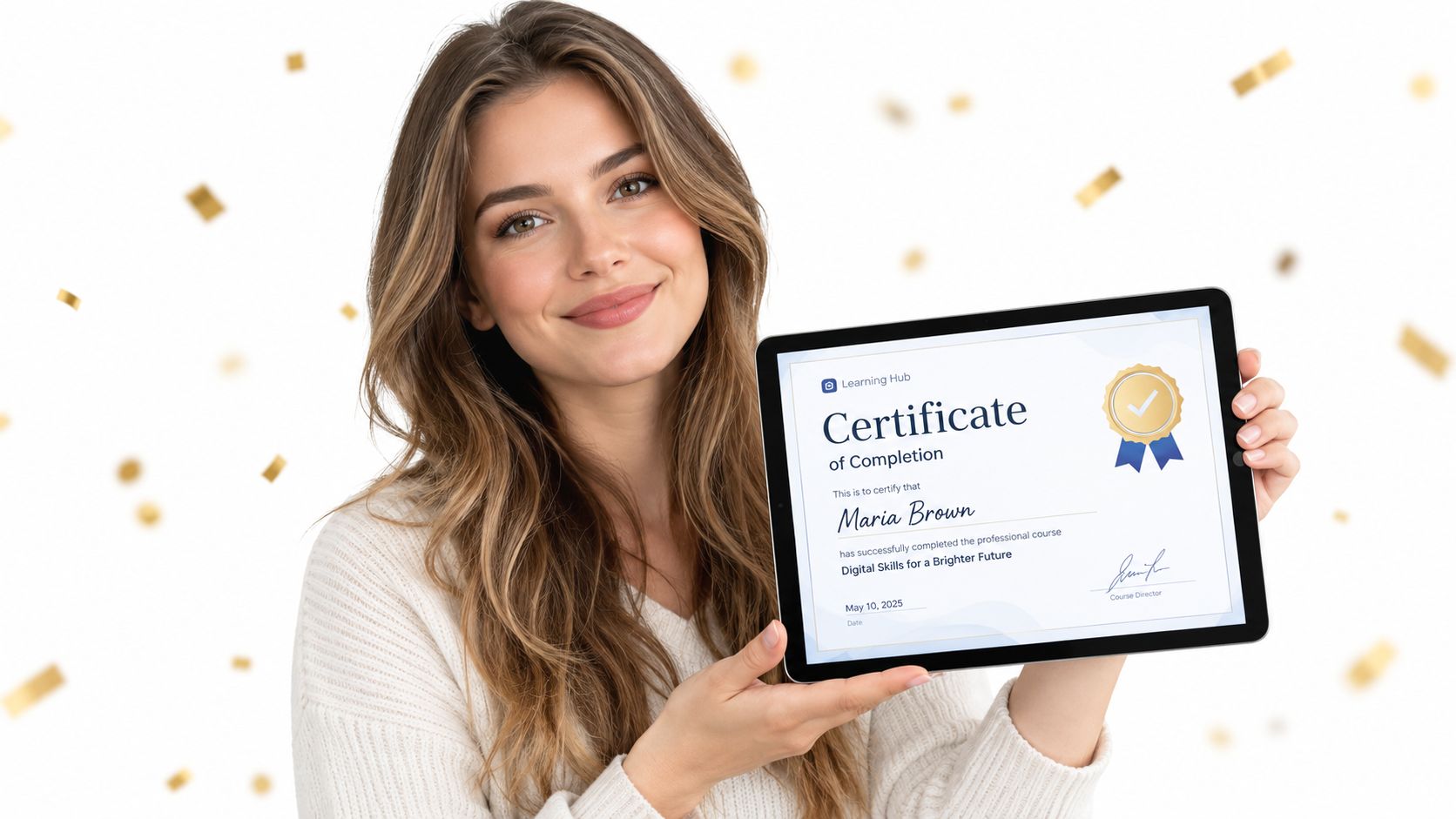 A smiling young woman holding a tablet displaying a professional digital certificate of completion.