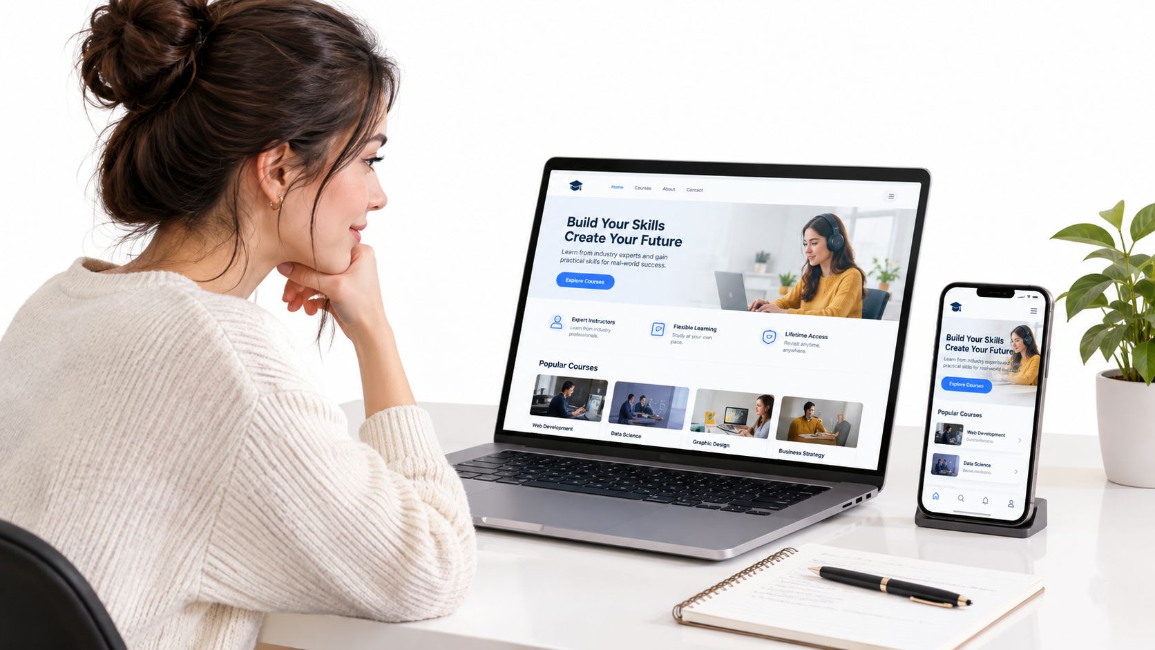 A woman looks at an e-learning website on a laptop and smartphone for online educational courses.