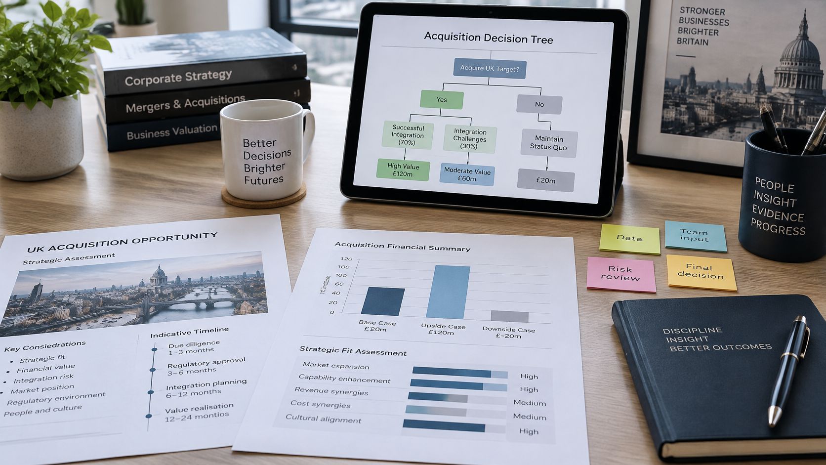 A professional desk setup featuring business strategy documents, charts, a decision tree on a tablet, and notes.