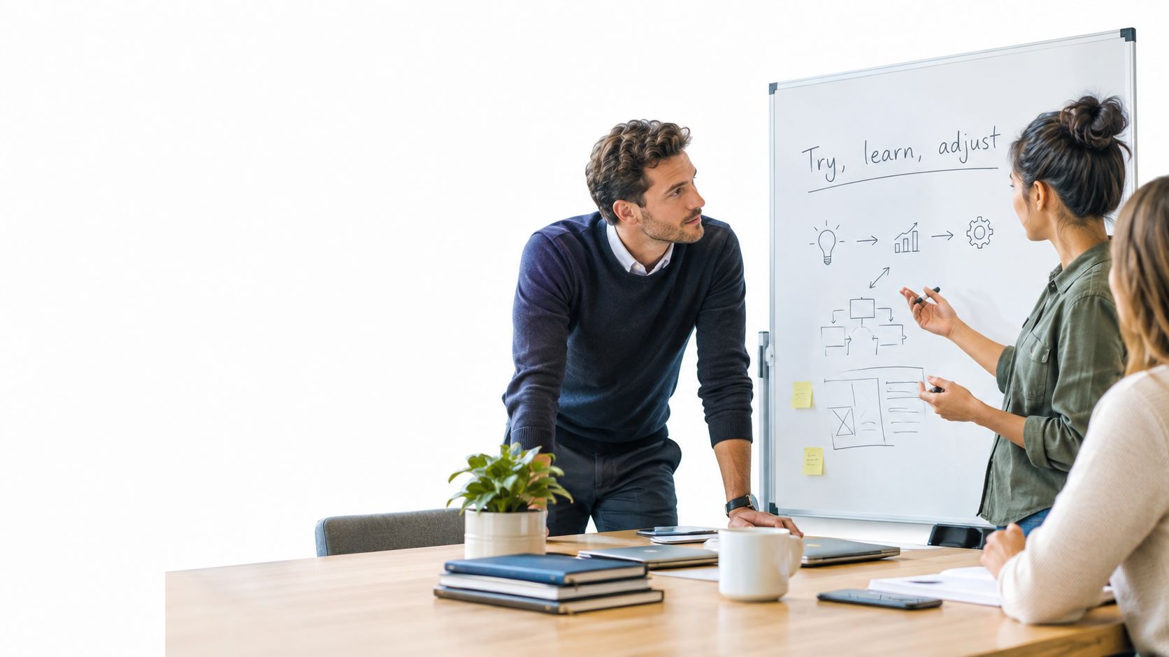 A professional team discussing business development ideas on a whiteboard in a modern office environment.
