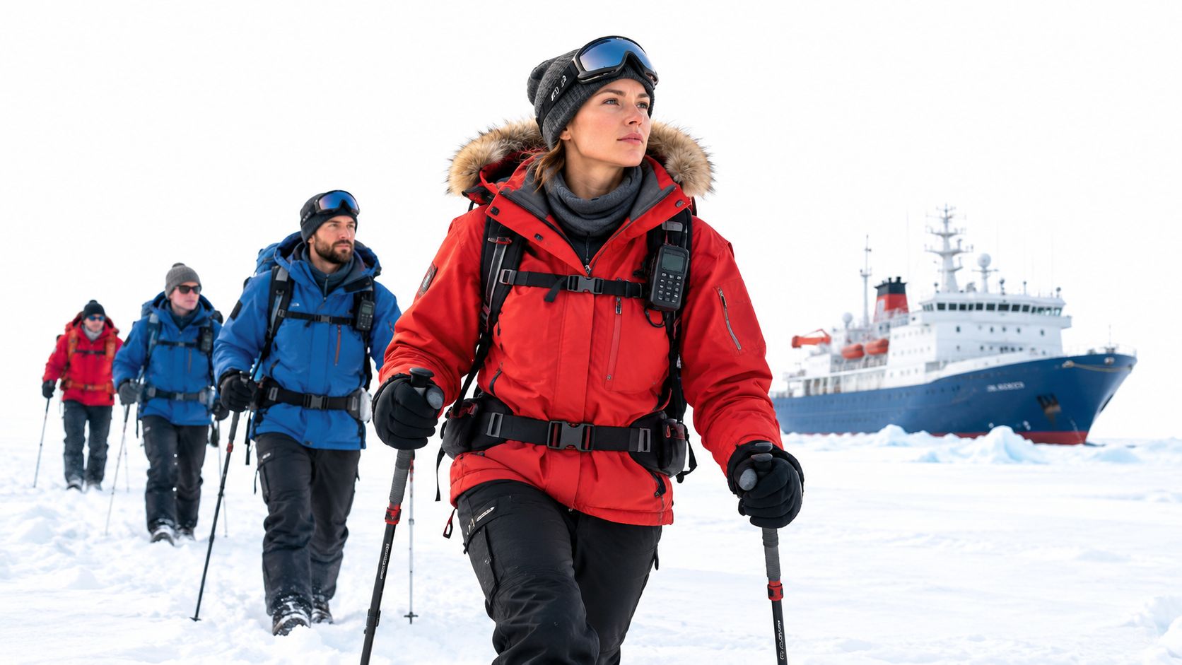 A team of four explorers in cold-weather gear trek across a snowy landscape toward a large icebreaker ship.
