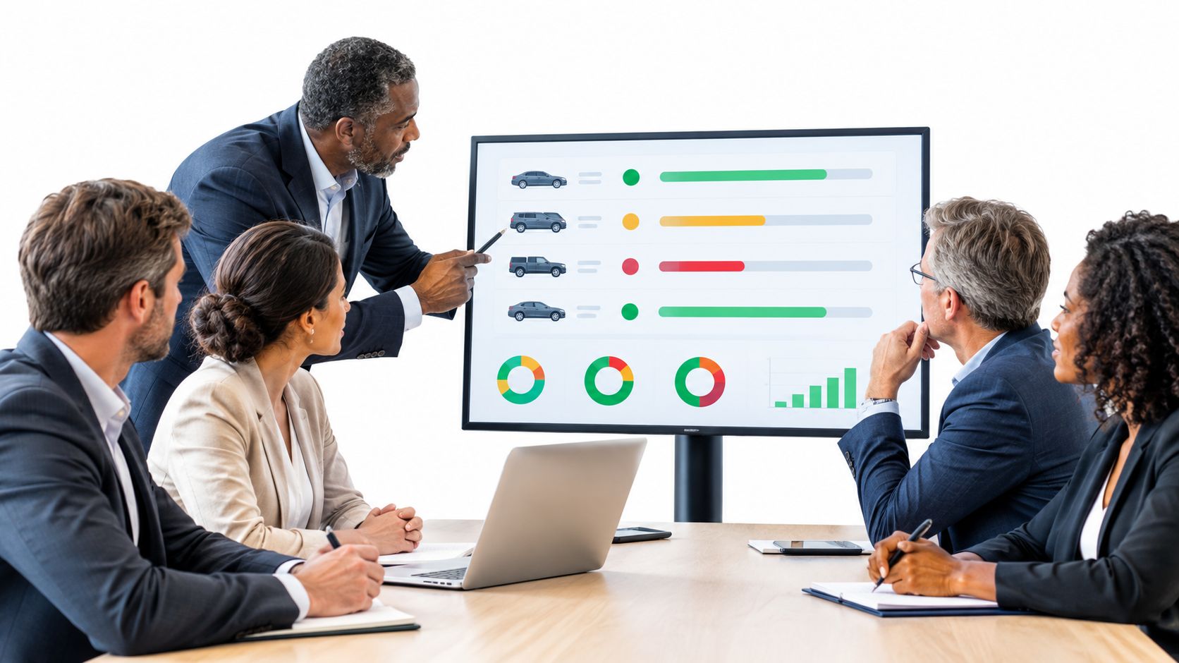 A professional team of diverse business people looking at data presented on a large screen during a meeting.