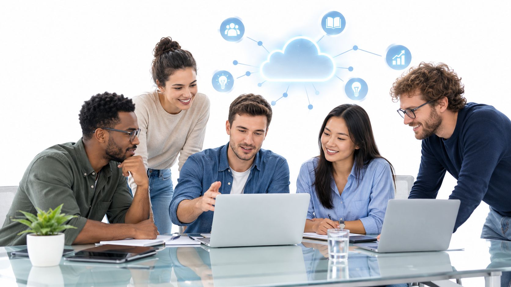 A diverse group of professionals collaborating on a project around a table with laptops and icons.