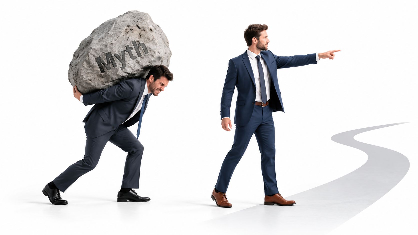 A businessman struggling to carry a heavy rock labeled Myth while a leader directs the path ahead.