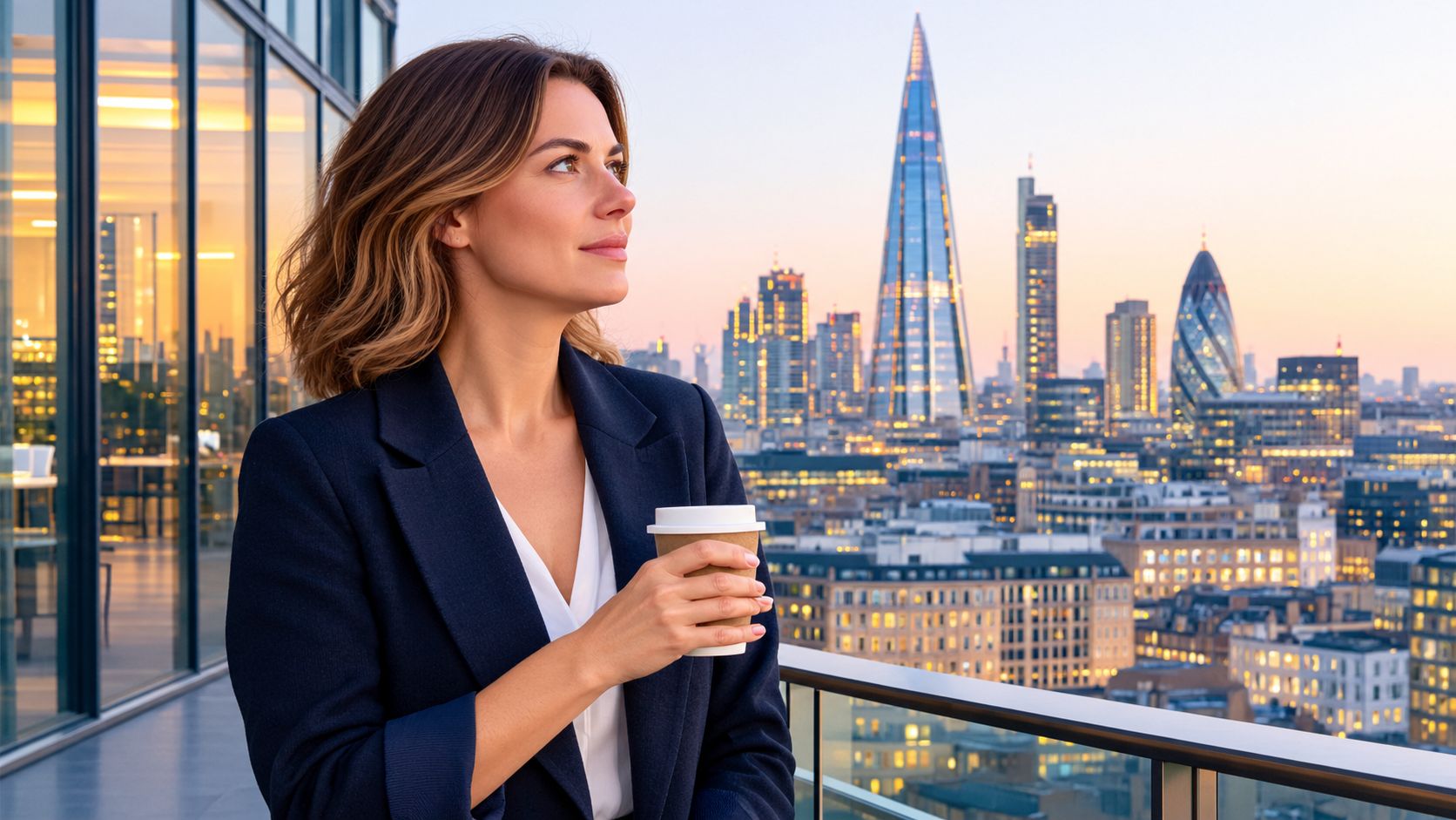 A professional woman in a blazer standing on a city balcony holding a coffee cup at sunset.