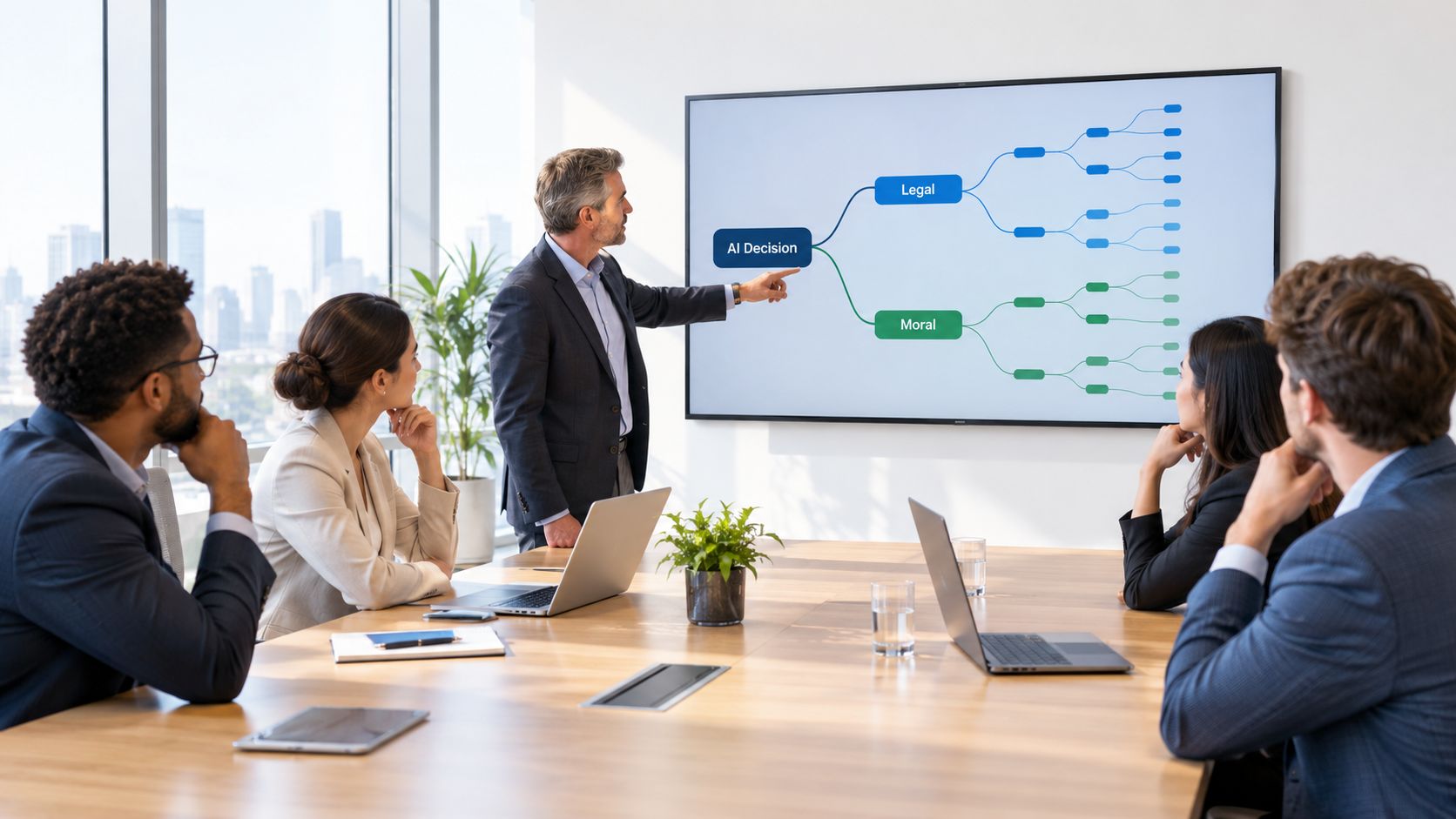 A professional man presenting a flowchart about AI decision-making to colleagues in a modern office meeting room.