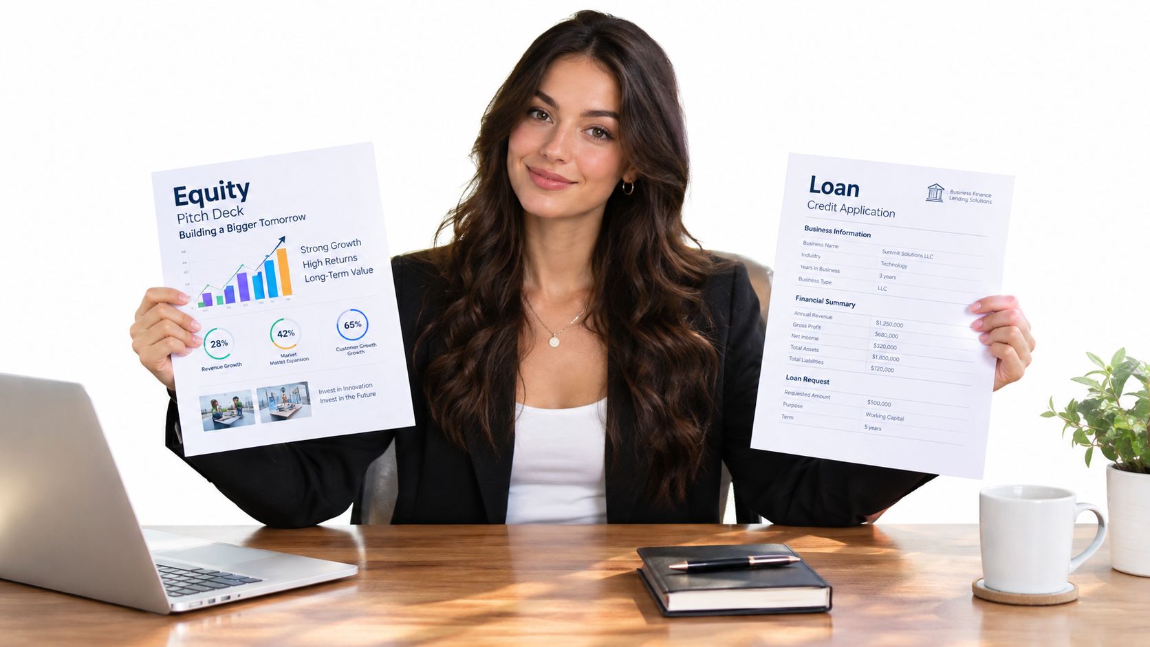 A professional woman in a business suit holding an equity pitch deck and a loan credit application.