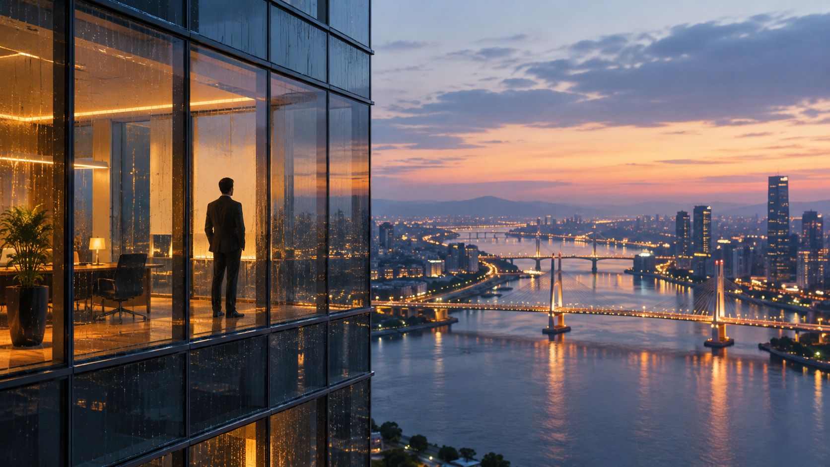 A businessman standing in a modern office window looking out at a city skyline during sunset.