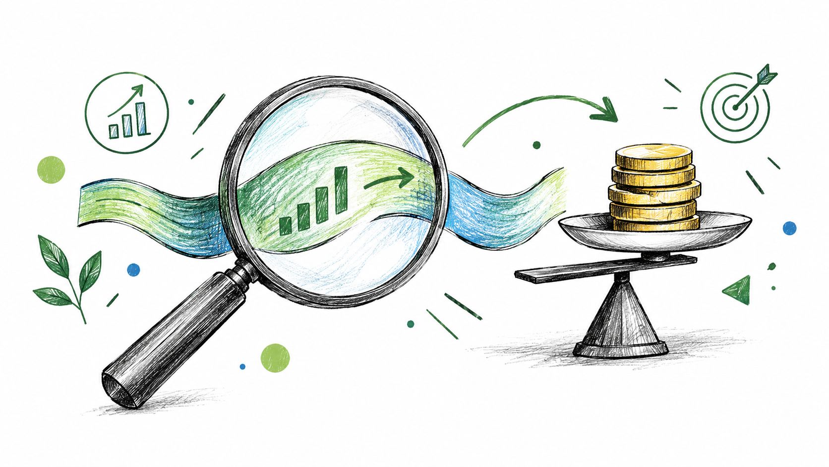 A magnifying glass focusing on a bar graph, pointing towards a stack of gold coins on scales.