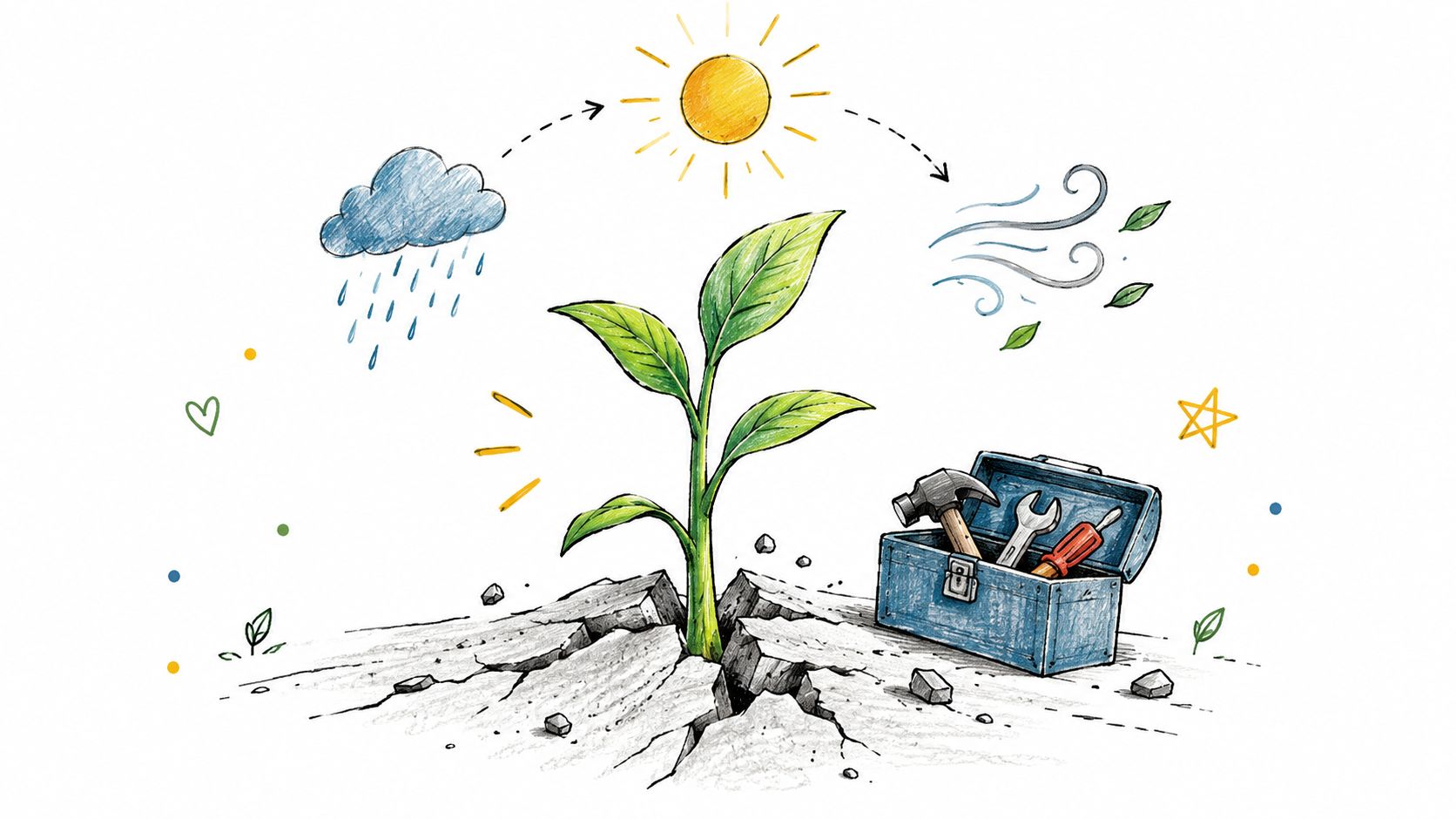 A small green plant growing through cracked ground next to a toolbox, symbolizing growth and development.