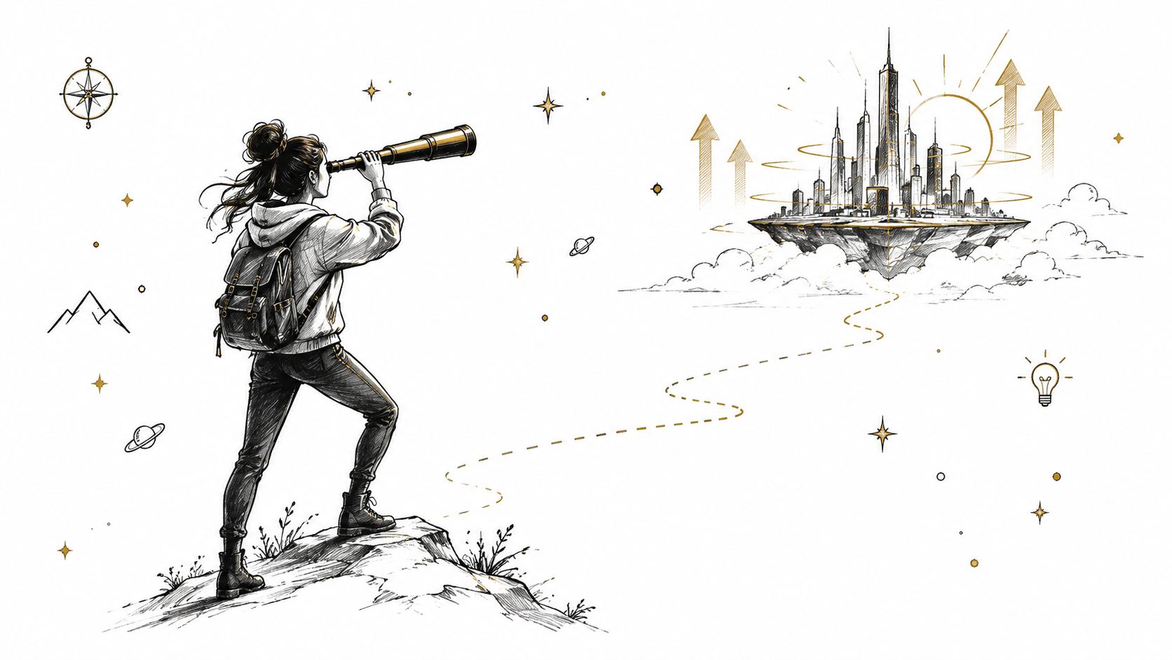 An artistic sketch of a traveler looking through a telescope at a distant floating futuristic city.