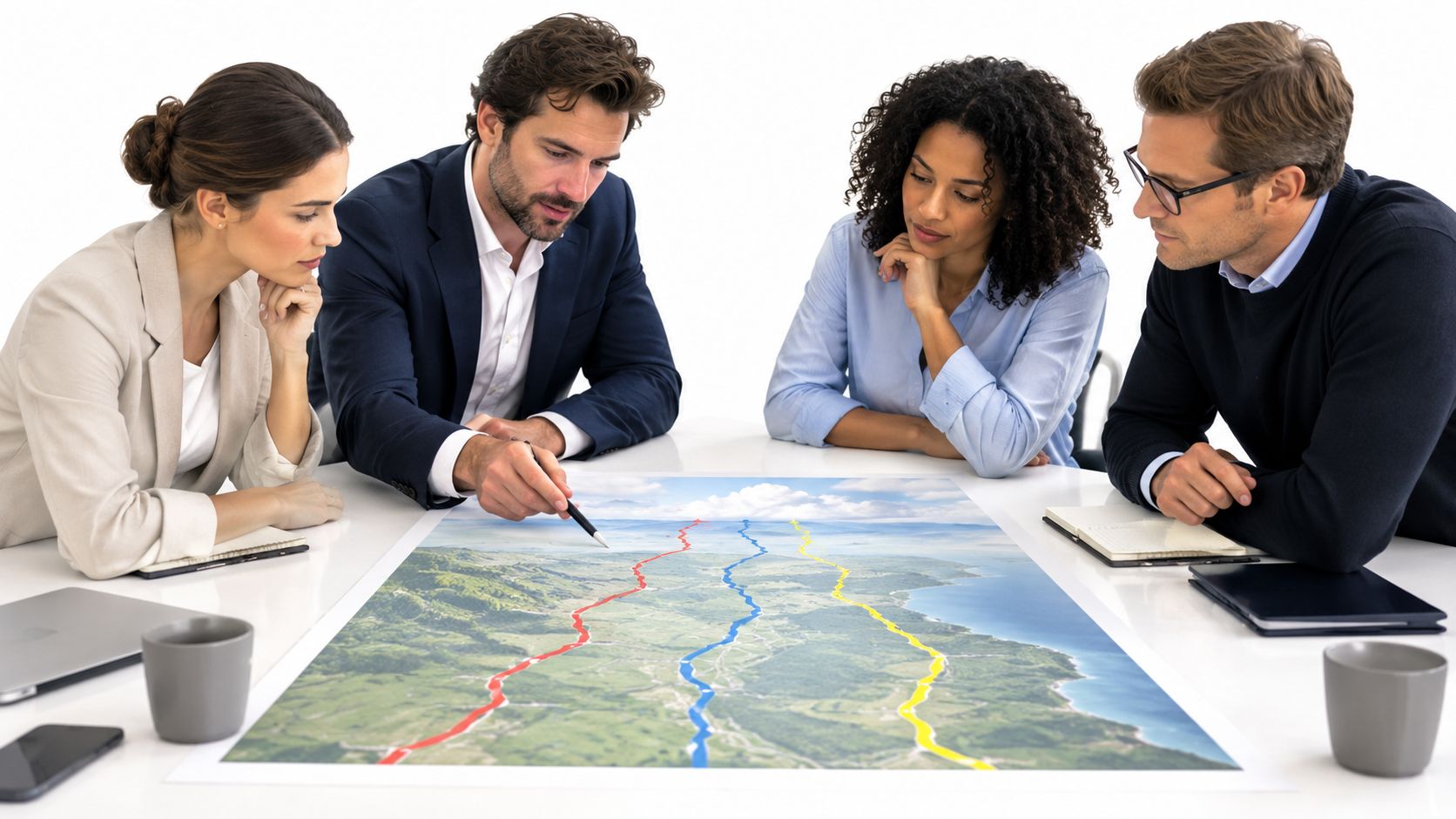 A diverse group of professionals collaborating while analyzing a map with highlighted routes on a large table.