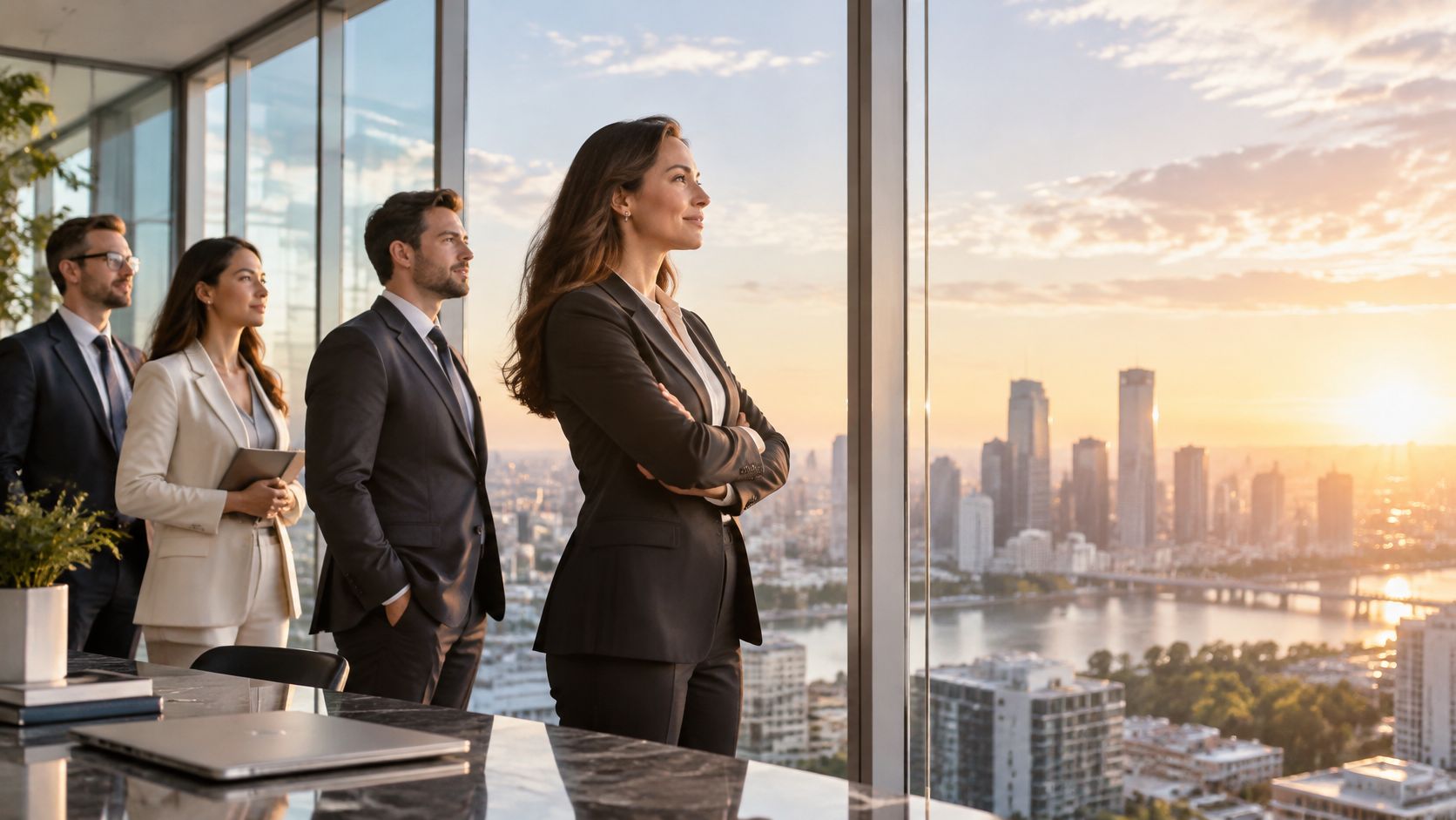 A professional team of business people looking out of a modern office window at the city skyline.