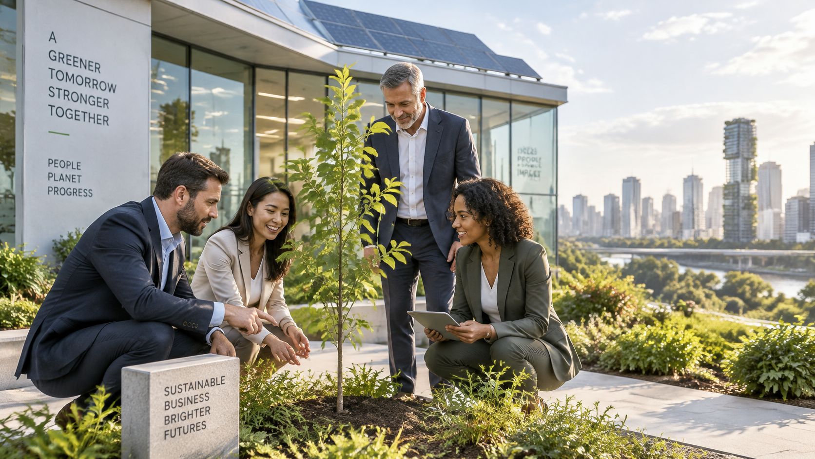 A diverse group of business professionals in suits planting a tree on a green office rooftop terrace.