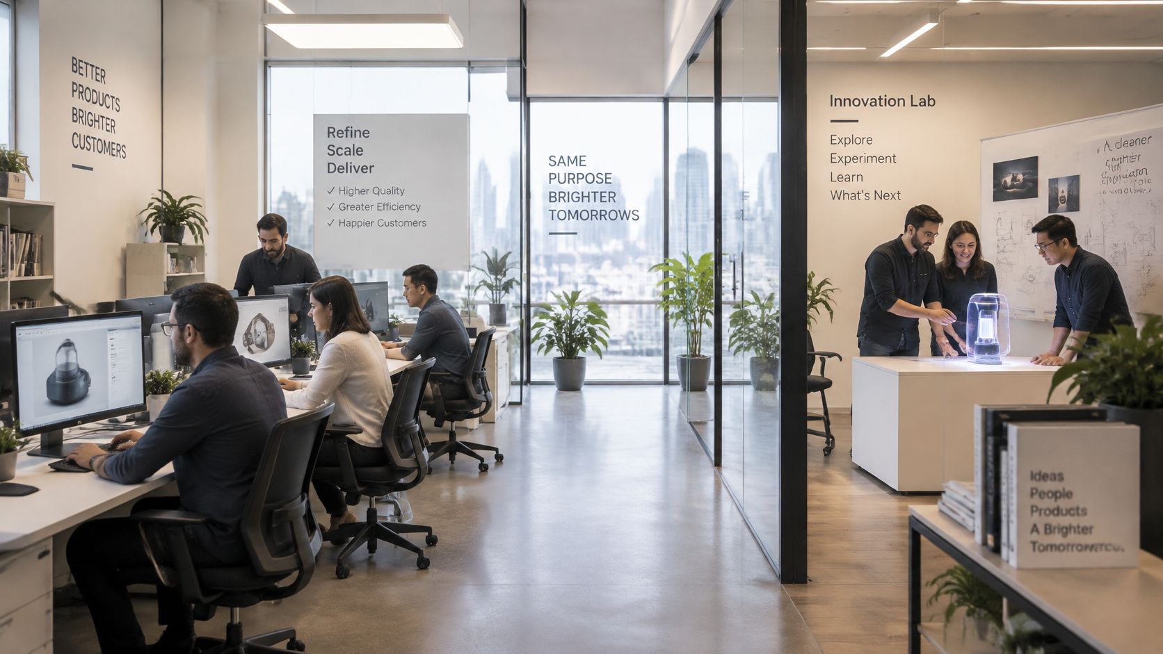 A professional design team collaborates in a modern office workspace with computers and glass-walled meeting rooms.