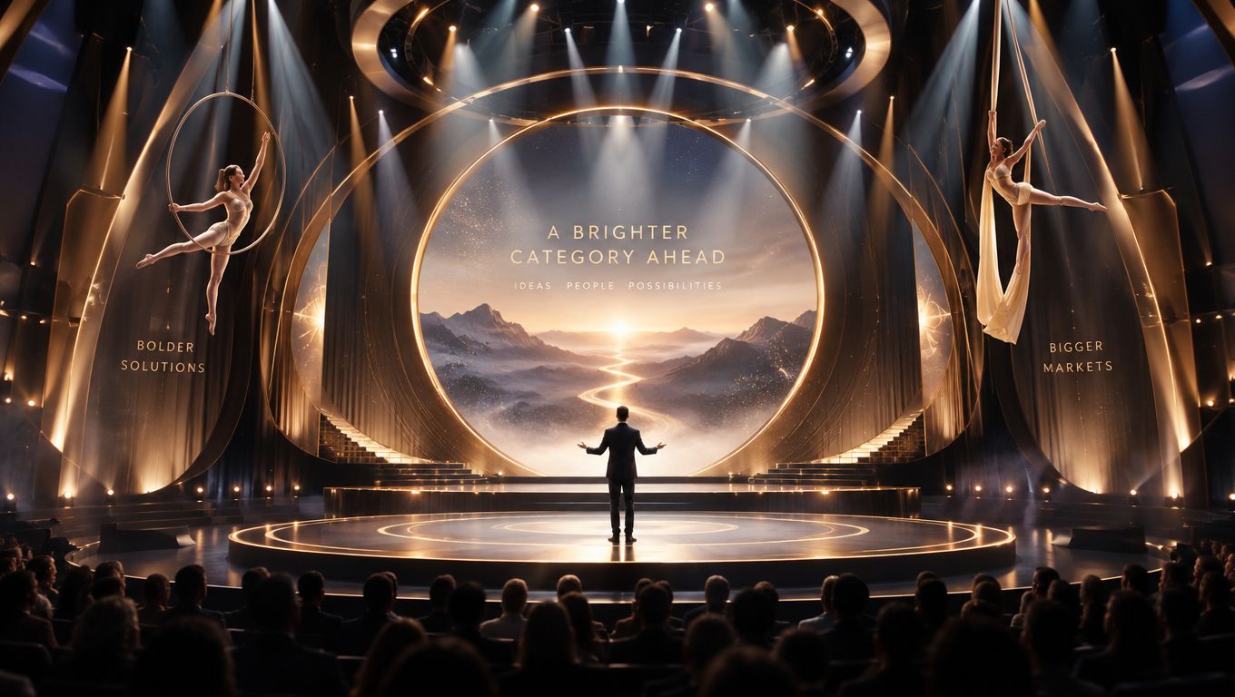 A speaker stands on a grand stage with aerial performers under a golden mountain scene backdrop.