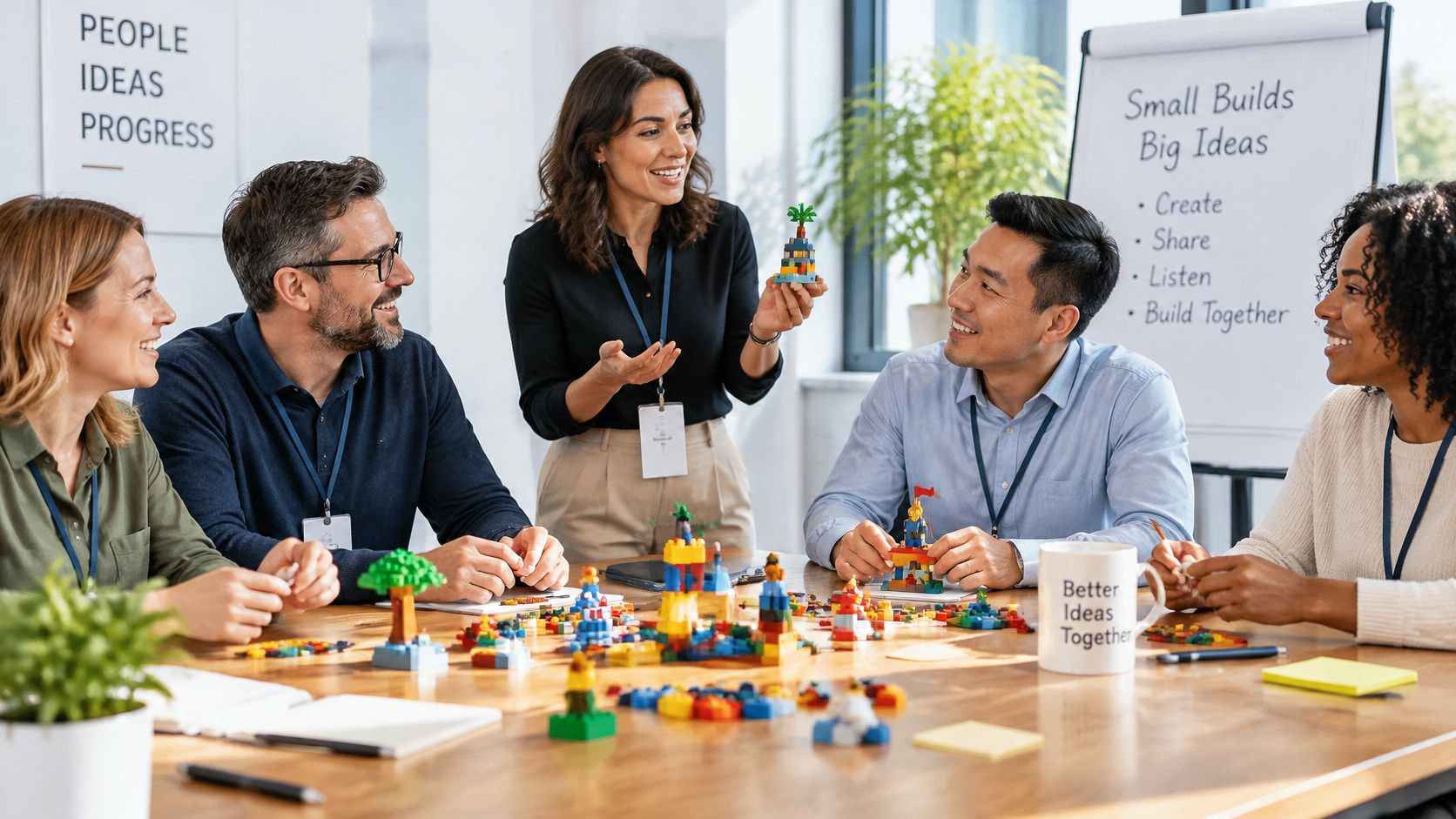 A diverse group of professional managers participating in a collaborative team building workshop with building blocks.