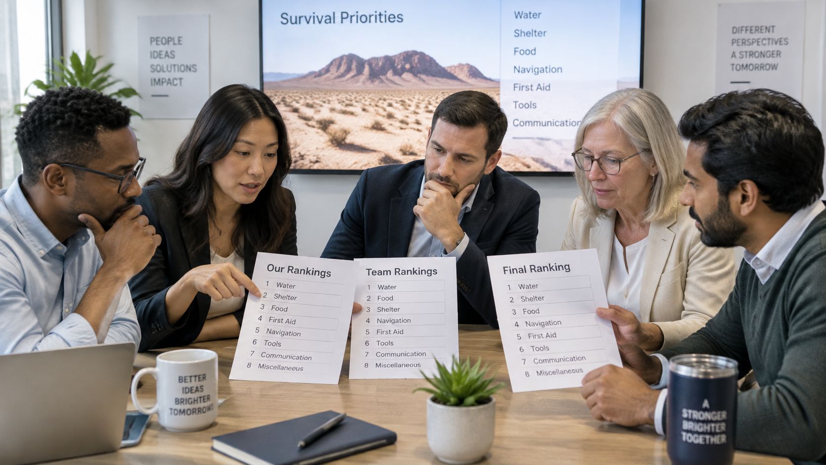 A diverse group of professionals collaborating in a meeting room, reviewing survival priority ranking lists together.