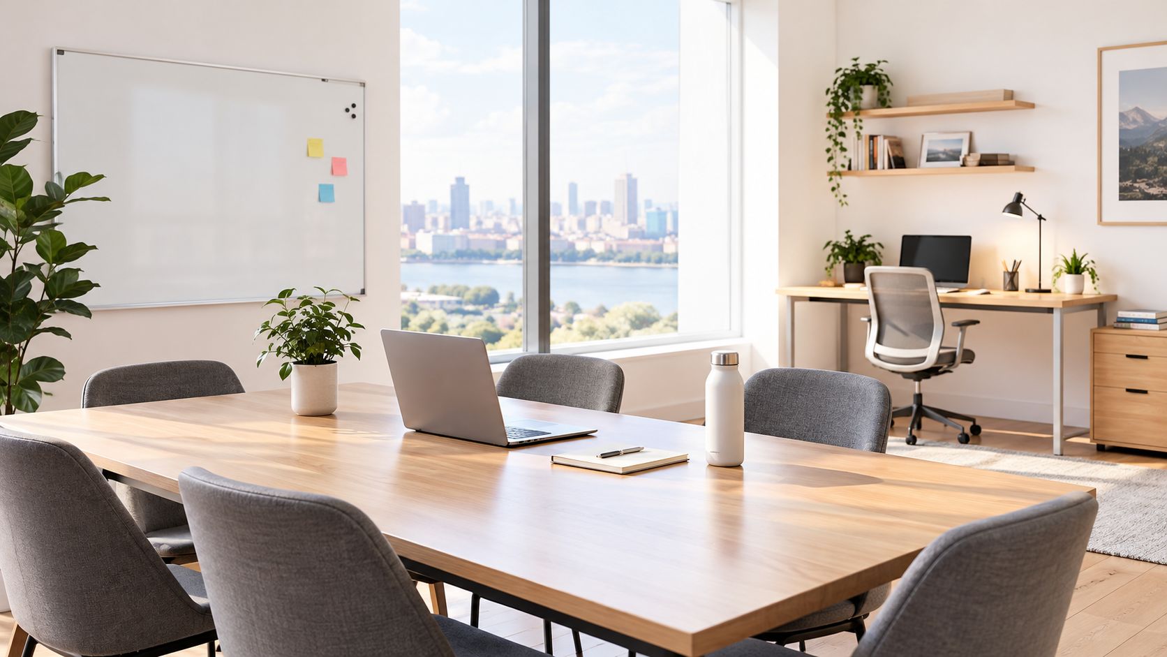 A bright, modern office with a wooden meeting table, a laptop, chairs, and a desk workspace.