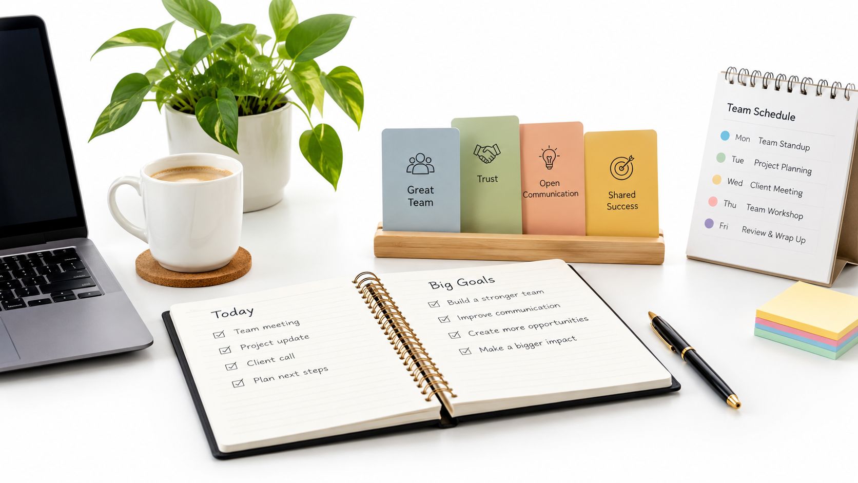 A clean office workspace with a notebook featuring team goals, a laptop, plant, and schedule on a desk.