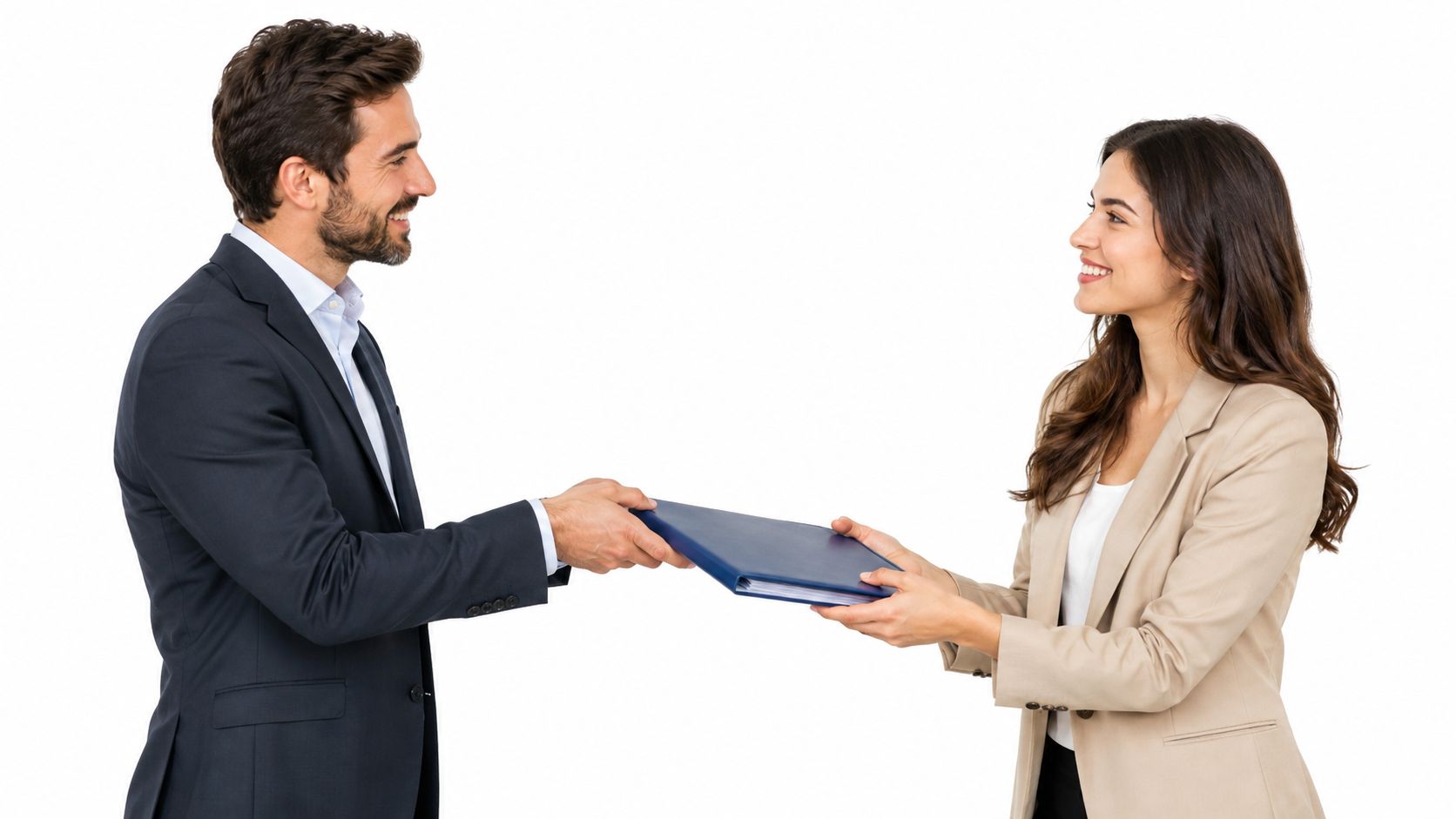 A professional man and woman in business attire smiling while exchanging a blue document folder together.