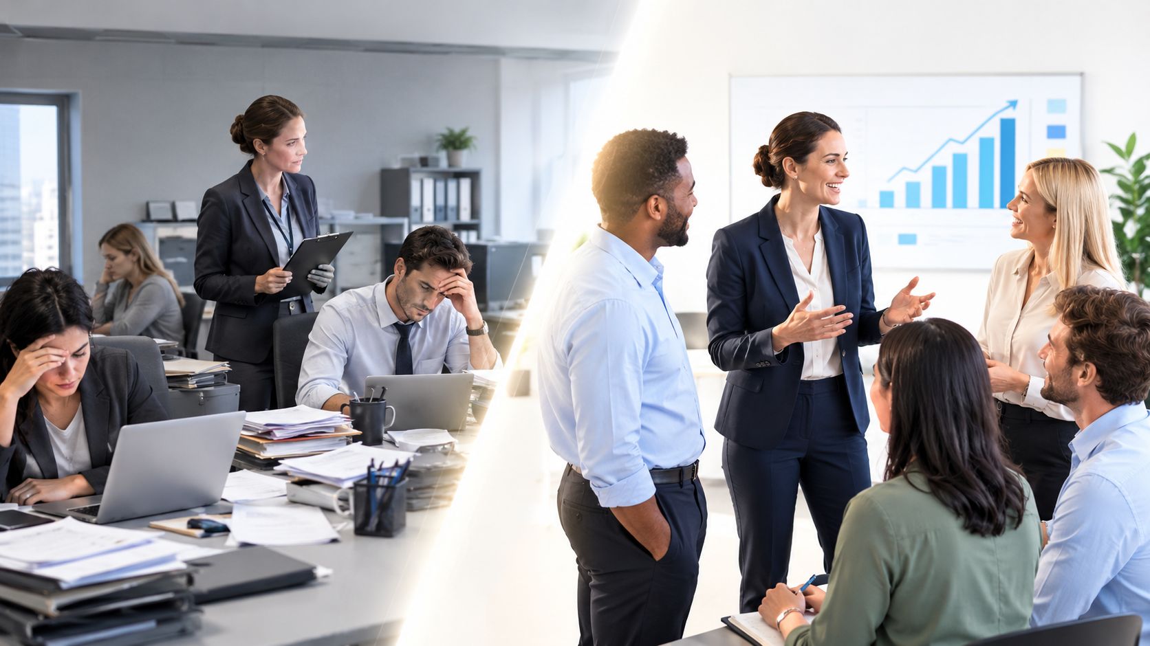 A split image showing a stressed office environment versus a collaborative team environment under professional leadership.
