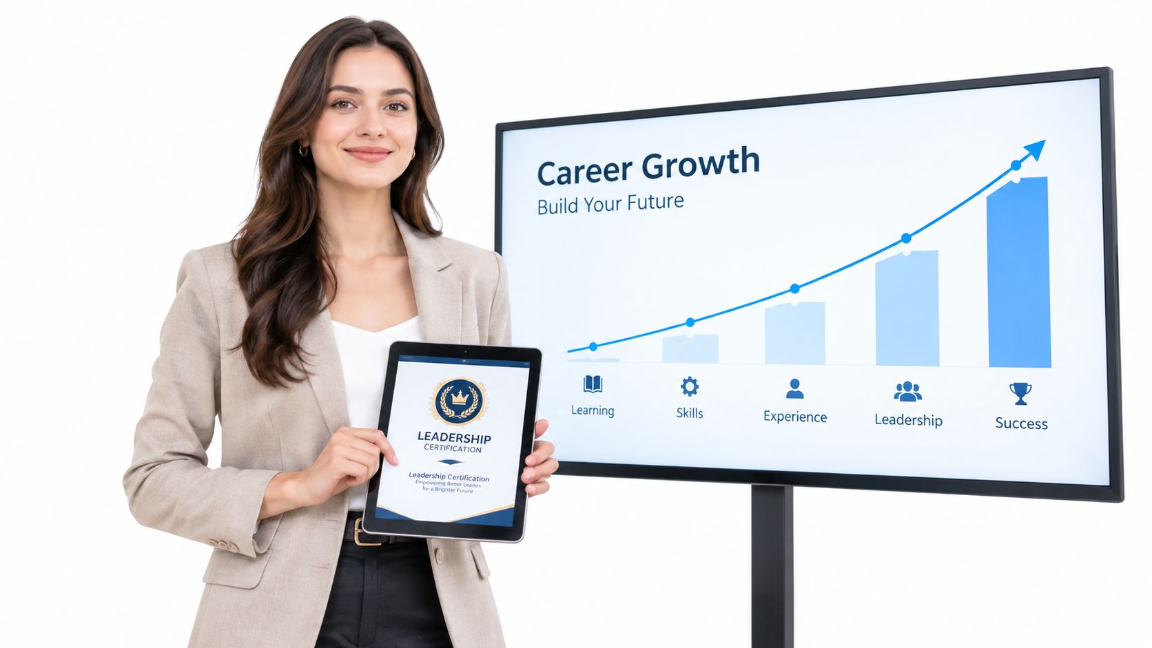 A professional woman holding a tablet displaying a leadership certification in front of a career growth chart.